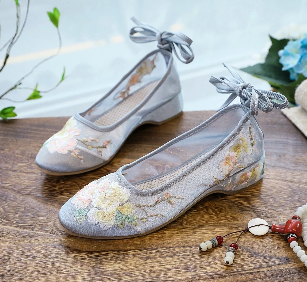 Veowalk Long Ankle Strap Summer Women Gauze Mesh Embroidered Ballet Flats Breathable Comfortable Walking Shoes for Elegant Lady