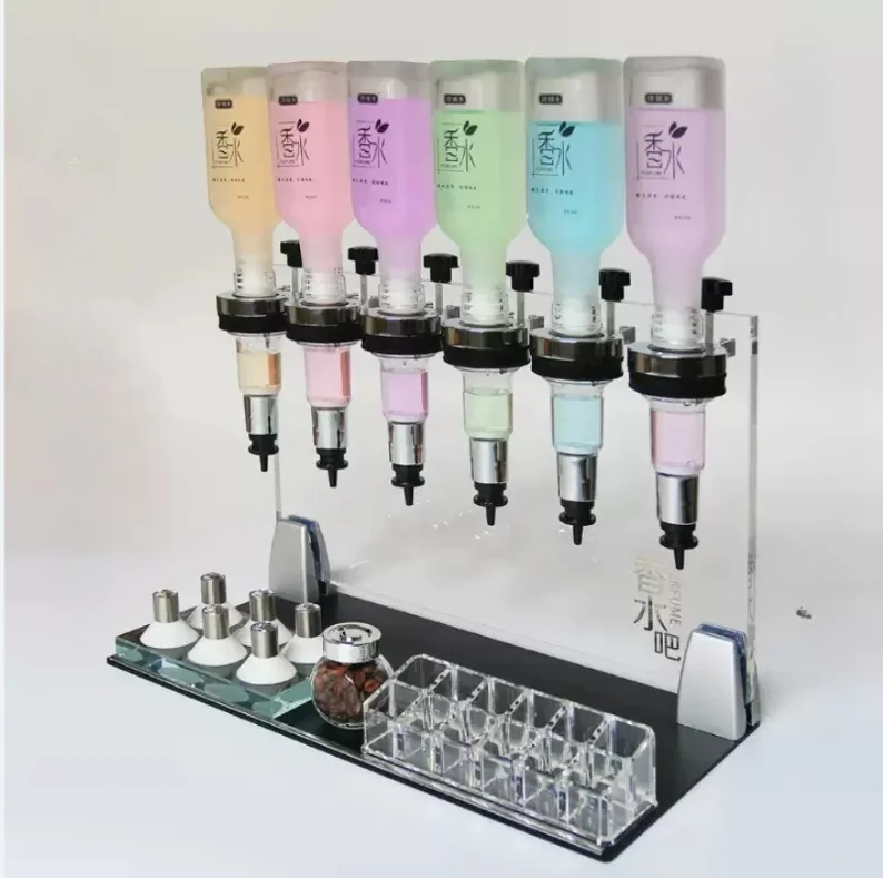 High-end bulk perfume bar display stand, bulk perfume sales mini counter 6 pump head dispenser