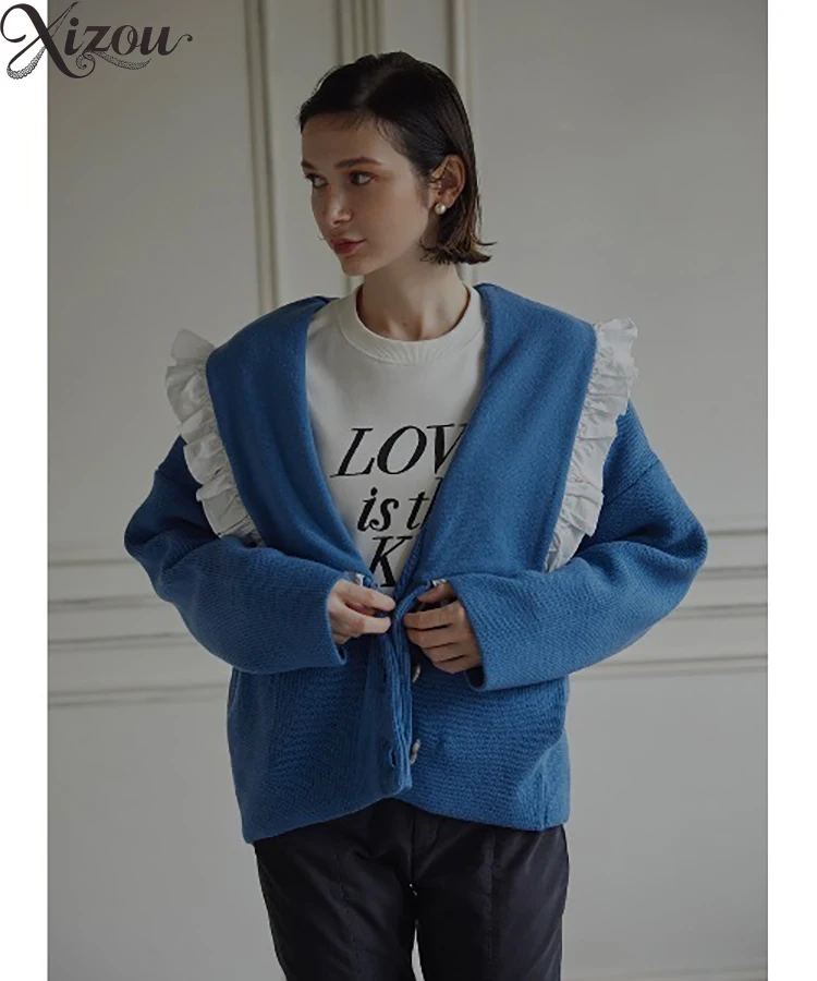 

Корейский женский вязаный кардиган с рюшами, большой воротник, кукольный воротник Питера Пэна, с длинными рукавами, утягивающий теплый осенне-зимний свитер, топ