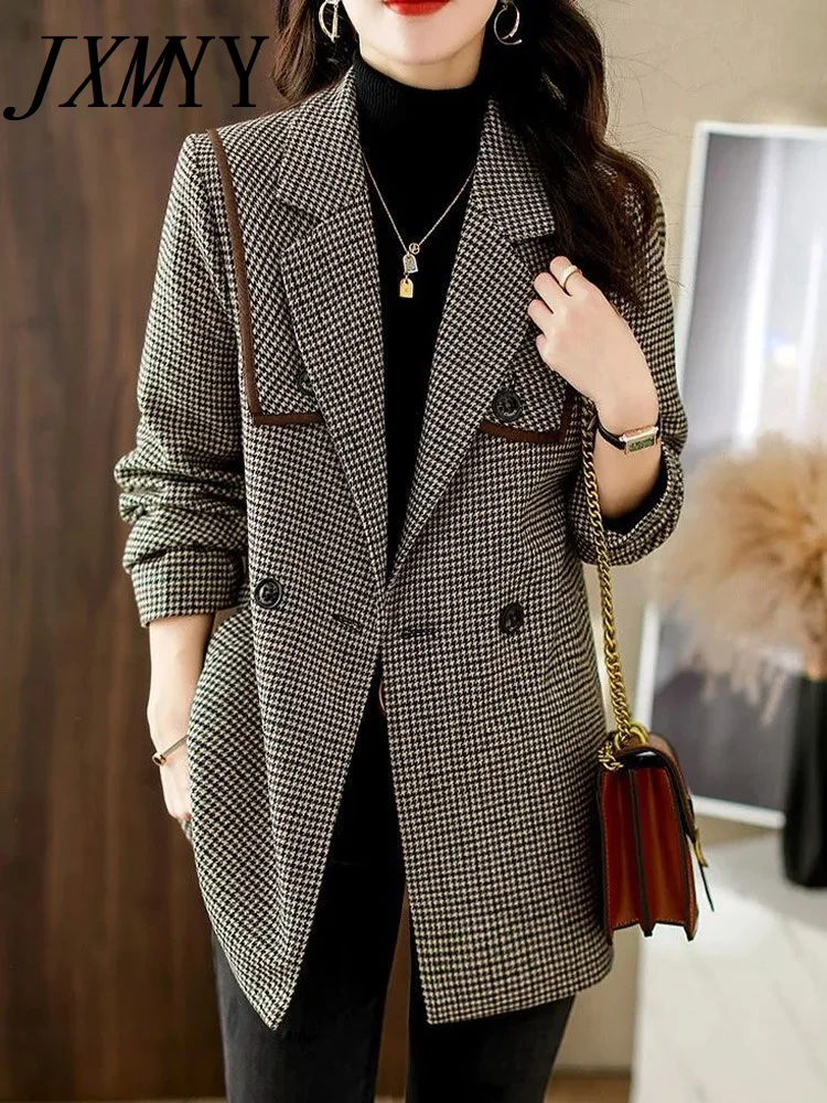 JXMYY-Thousand Bird Check Wool Suit Jacket for Women, Elegant Temperament Top, Loose and Stylish, Autumn and Winter, New, 2024