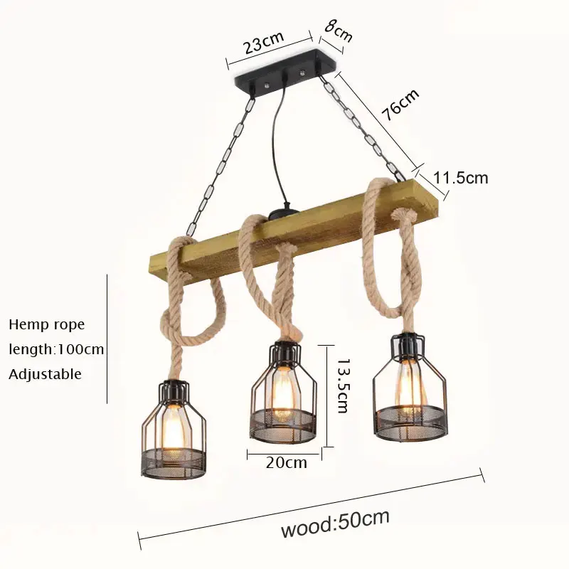 Imagem -02 - Cabeças Retro Industrial Lustre de Madeira Lâmpada Pingente Ferro Corda Cânhamo Pendurado Restaurante Sala Jantar Cafe Bar Iluminação 3