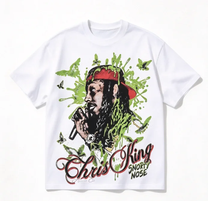 2026Vintage Rap Singer Portrait T-shirt Unisex Chest Green Splatter Bird Silhouette Art Script Print Cotton Street Oversized Tee