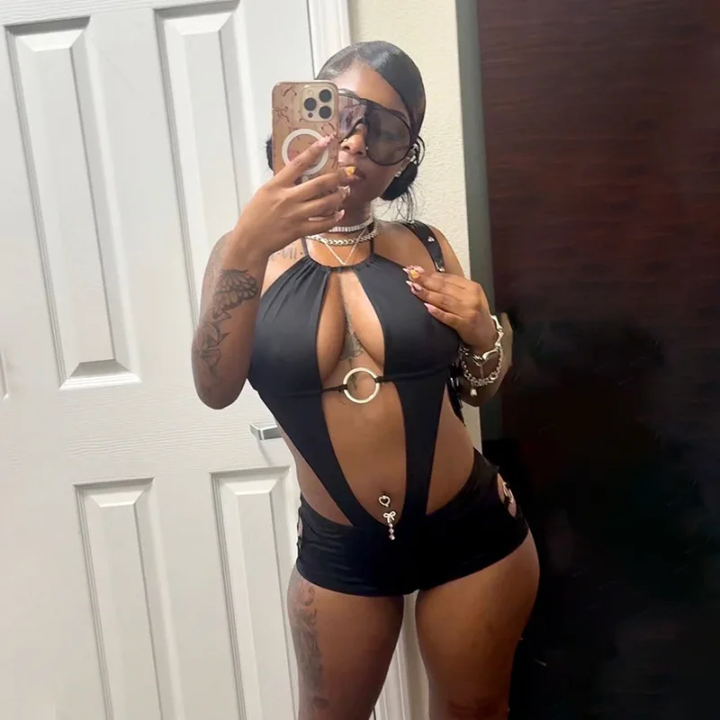 Metal Rings Hollow Out Lace Up Halter Backless Skinny Playsuits Women Sexy Sleeveless Peach Hips Hottie Y2K Clubwear Rompers
