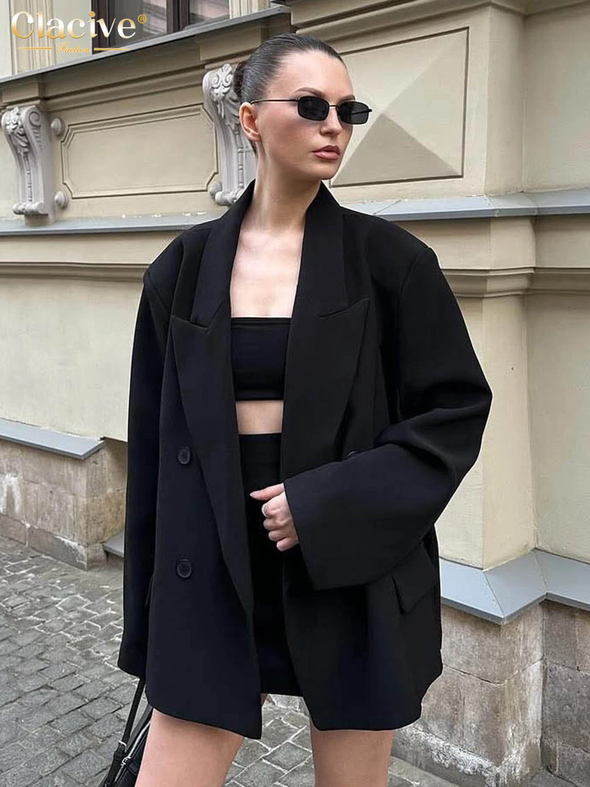 

Clacive Fashion Loose Black Office 2 Pieces Set For Woman 2025 Elegant Long Sleeve Blazer With High Waist Shorts Set Female