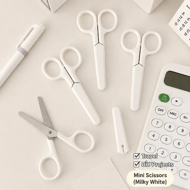 Ins‑style Cream‑colored Minimalist Scissors with Protective Cover Office Student Kids Safe Handcraft Shears Compact Cutting Tool