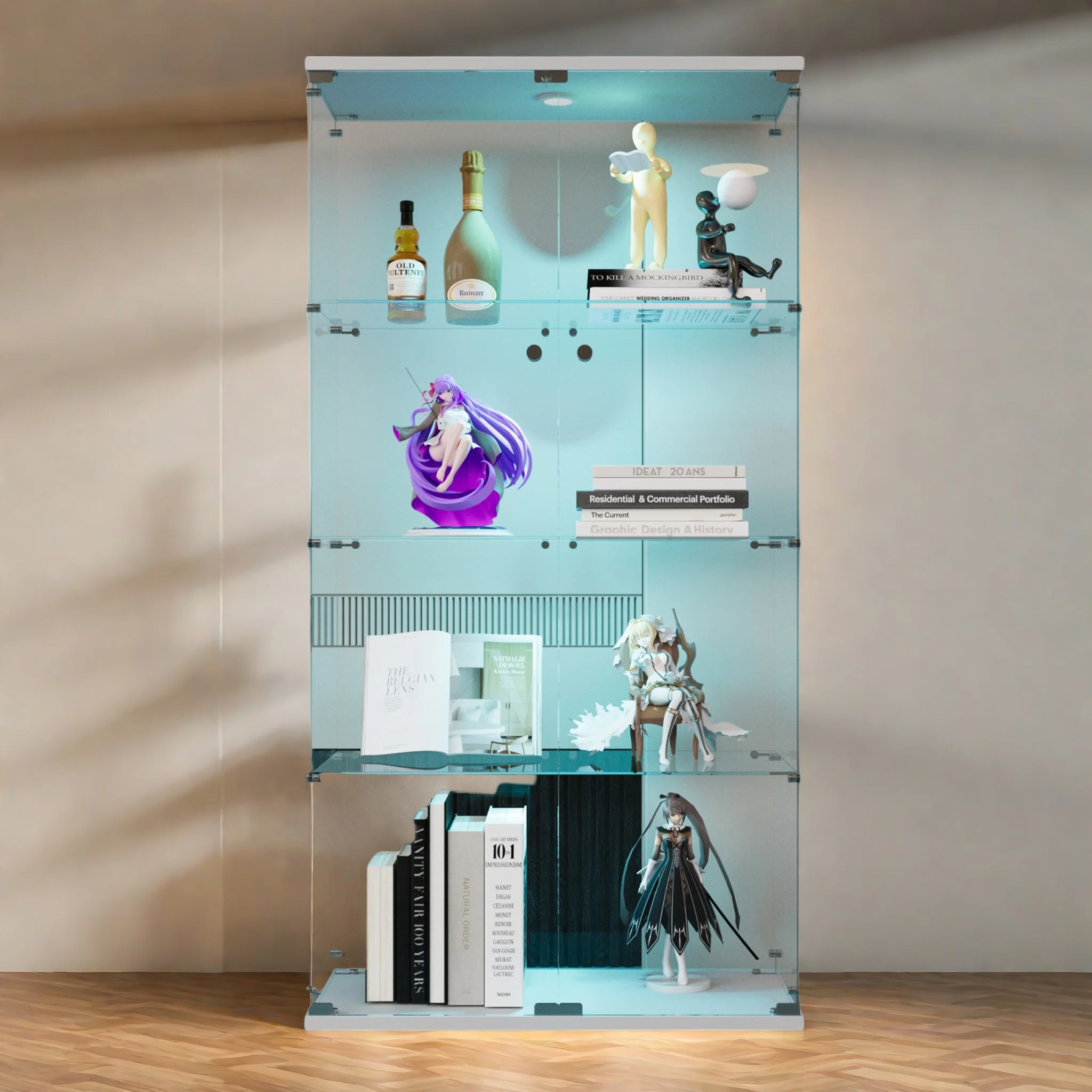 Anajqaqia Glas-Vitrine mit 3 Regalen, LED-Aufbewahrungsschrank mit Beleuchtung und Schloss für Wohnzimmer, Schlafzimmer, Büro, Bücher