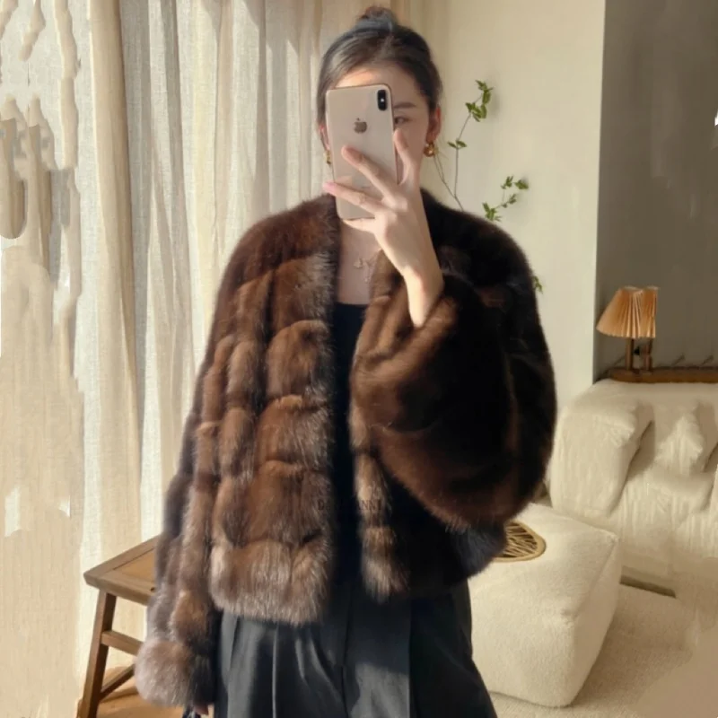 Women's Faux Sable Fur Coat Winter Luxury Short Cropped Jacket Loose Batwing Sleeve V Neck Warm Fluffy Fur Outwear Russian