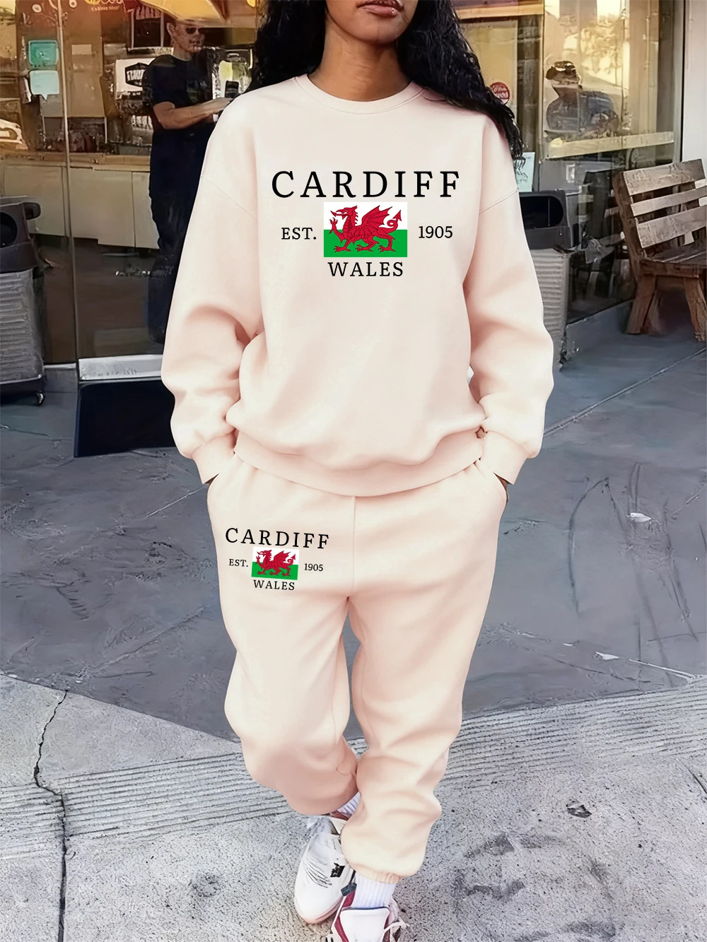2 Pcs Hoodies Set Women Cardiff Red Dragon Flag Printing Sweatpants Winter Loose Fleece Warm Jogging Pants Sporty Pocket Clothes
