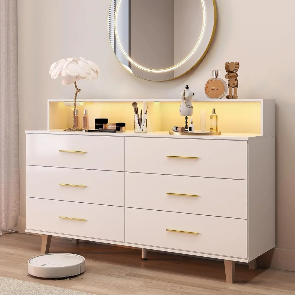 Cómoda de 6 cajones con luz LED y toma de corriente, tocadores de madera blanca para dormitorio y cómoda, tocadores para dormitorio