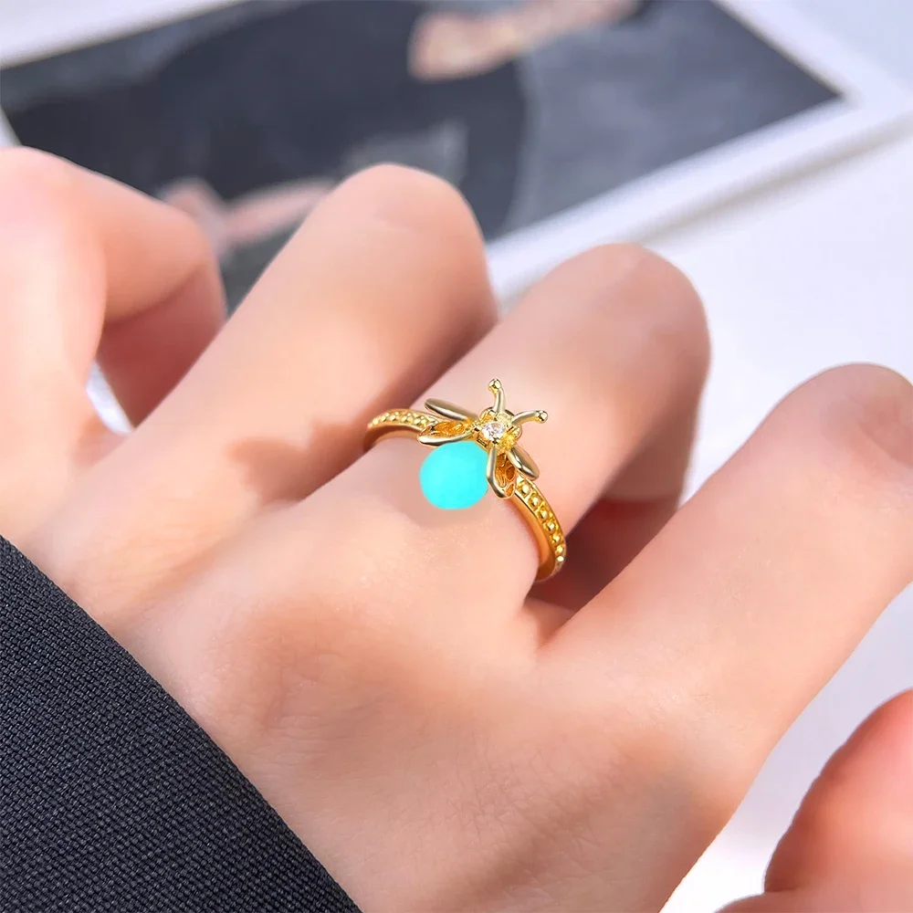 925 Sterling Silver Firely Glow in The Dark Rings Trendy Luminous Gold Color Ring for Women Fine Jewelry Anniversary Gifts