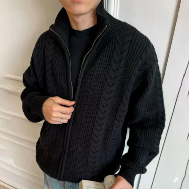 Autumn Winter New Wheat Twists Zipper Sweater Stand Collar Solid Cardigan Men British Style Versatile Casual Thick Knitted Coats