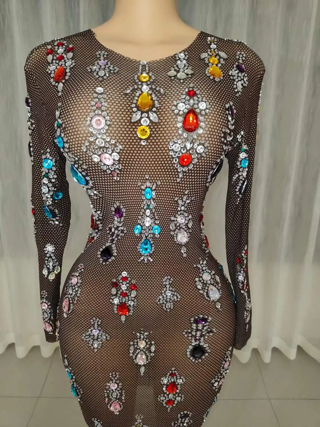 Women Sparkling Rhinestone Party Dress Sequin Tassel Stretch Dance Club Dj Singer Stage Wear Long Sleeve Birthday Outfit 2024