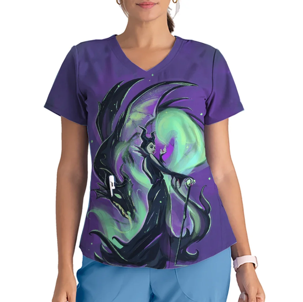 Uniforme de enfermera delgado de Maléfica de Disney, Top mate estampado con cuello en V, uniforme de enfermera veterinaria femenina, monos veterinarios para el cuidado de mascotas