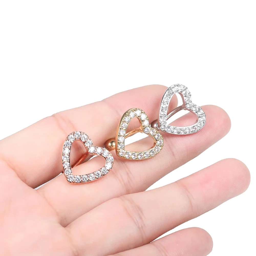 1 Stück Reverse Bar Herz Bauchnabelpiercing Nombril für Frauen Gold Rosa Kristall CZs Gebogene Bauchnabelpiercings Schmuck – Detail 6