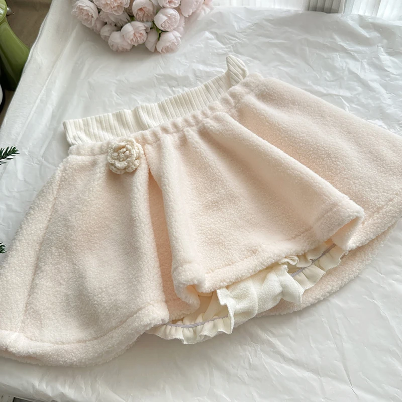 Three dimensional rose hooded short jacket+waist cinching slimming short skirt women's winter sweet solid two-piece set
