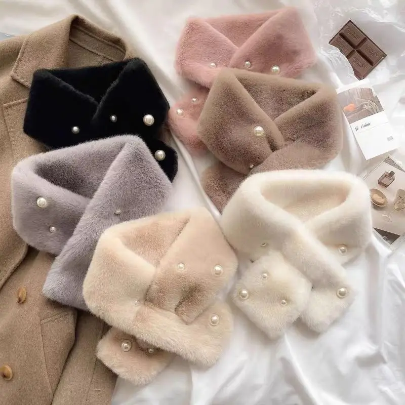 Women Fluffy Rabbit Fur Cross Scarf Winter Warm Neck Cover Collars Scarves Korean Girl Windproof Pearl Plush Snood Neckerchief