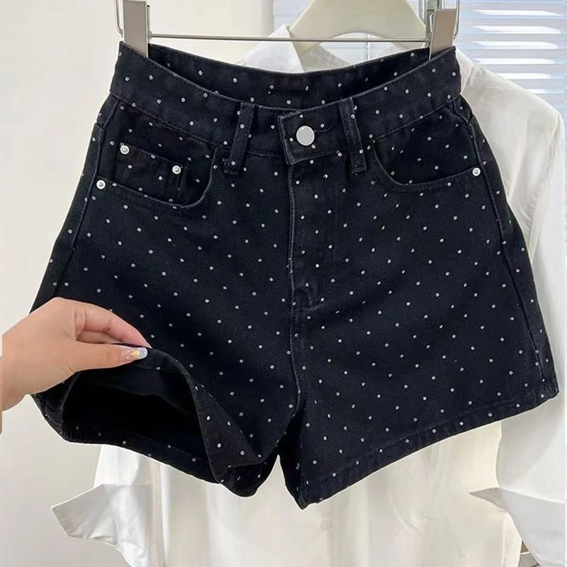 

Women's Black Polka Dot Denim Shorts Summer Style A-line Mini Trousers Young Girl Casual Bottom Female Hot Pants