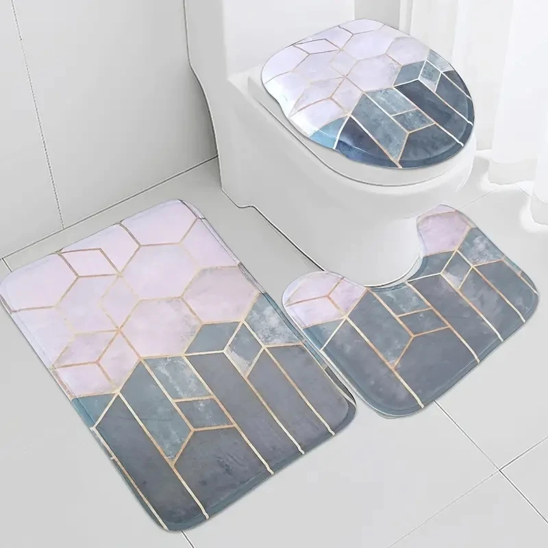 Toilet Seat Cover 3PC Set Bathtub Mat Shower Room Floor Carpet Family Bathroom Anti-Slip Sliding Door Mat Print Bathtub Decorati