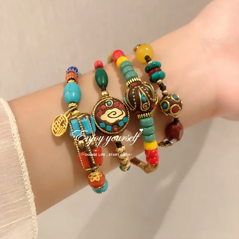 Vintage Nipple Bead Double Woven Bracelet for Women Men Ethnic Tibetan Style Precious Stone Jewelry Exotic Charm Blessing Gifts