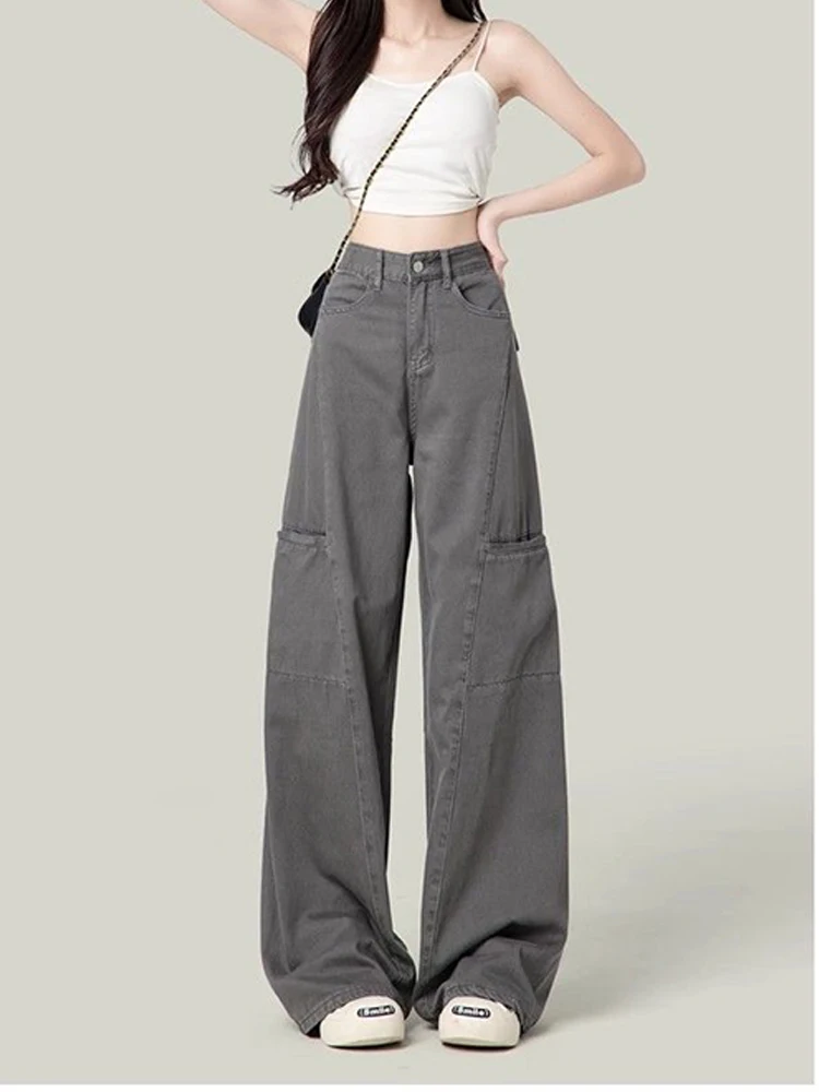 

Свободные прямые широкие брюки с высокой талией в американском стиле, женские повседневные брюки-карго Y2k в консервативном стиле, модные винтажные серые брюки-карго