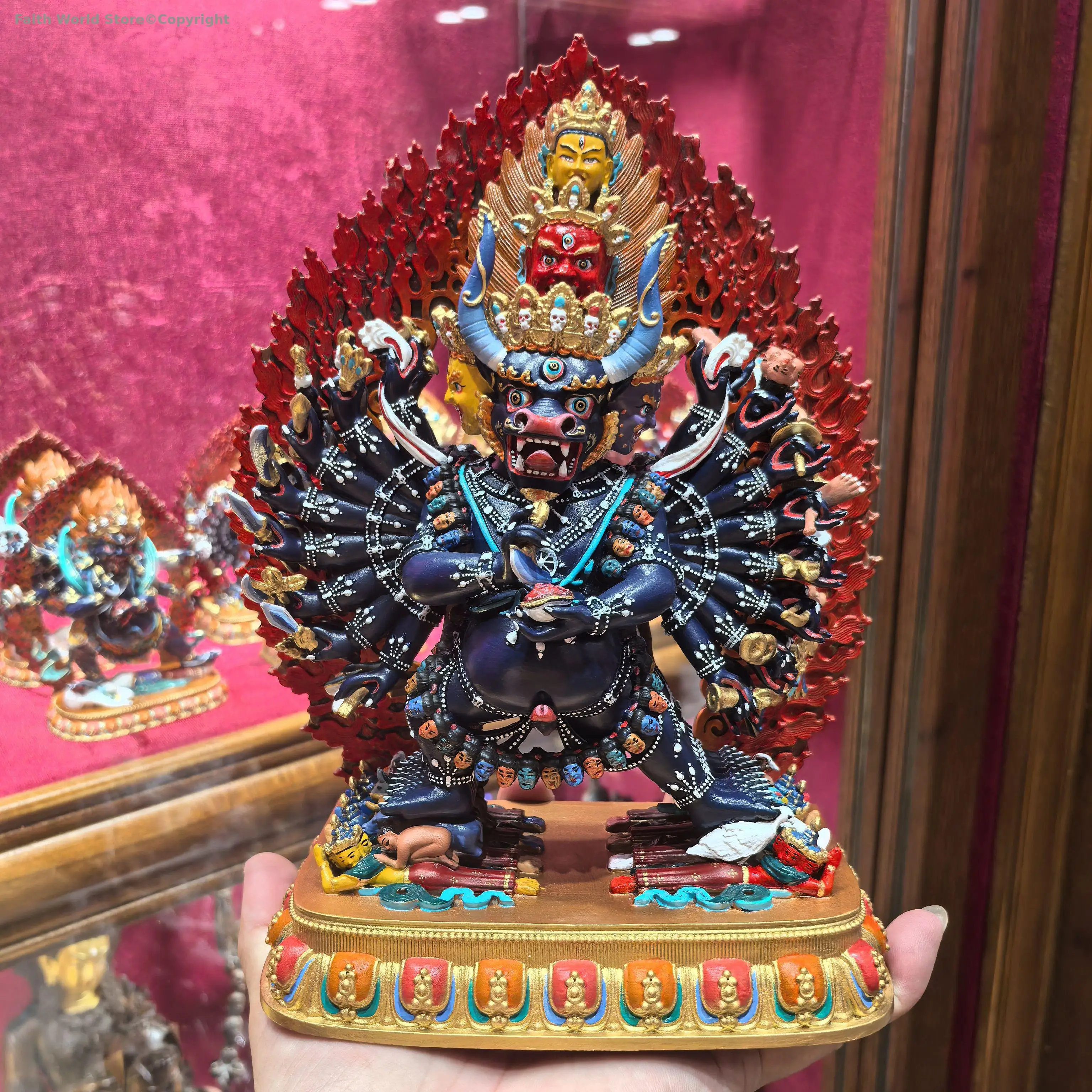 23cm large Rare color Painted Buddha statue Yamantaka Vajrabhairava COPPER buddha statue buddhist altar temple buddhist worship