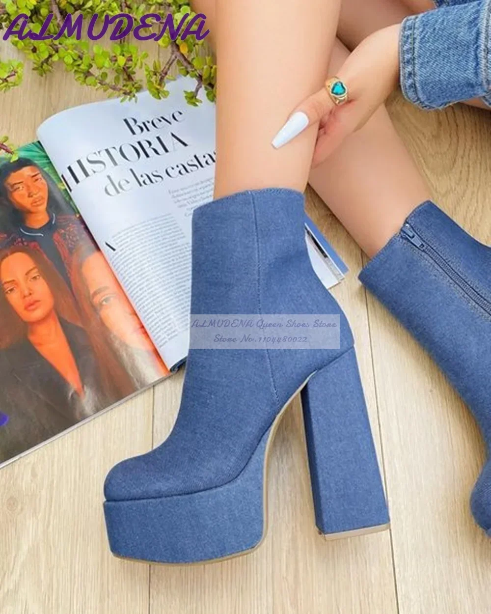 ALMUDENA Stivaletti con tacco largo in denim blu Jeans con plateau alto Stivaletti corti con cerniera Scarpe eleganti con tacco grosso irregolare Dropship