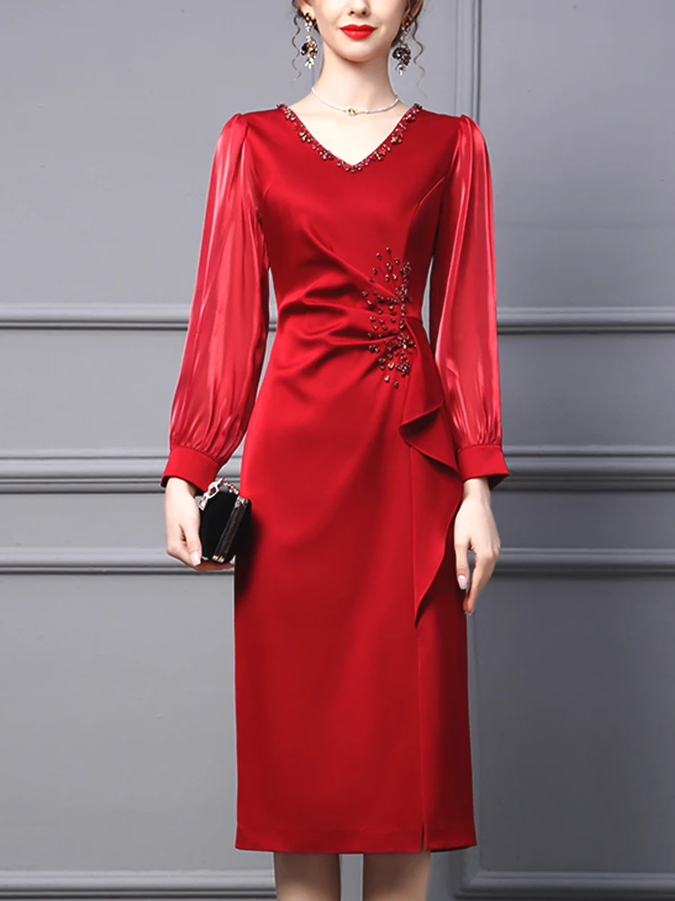 

Wedding Season Red Celebration Bride Dress Mom And Mother in Law High End Wedding Banquet Drinking Costume Pleated Gown