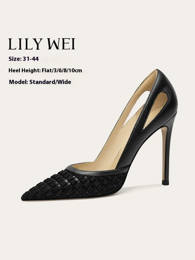 

Spring and summer shallow cloth stitching sequin widened flat sandals thin high heel banquet large size small size women's shoes