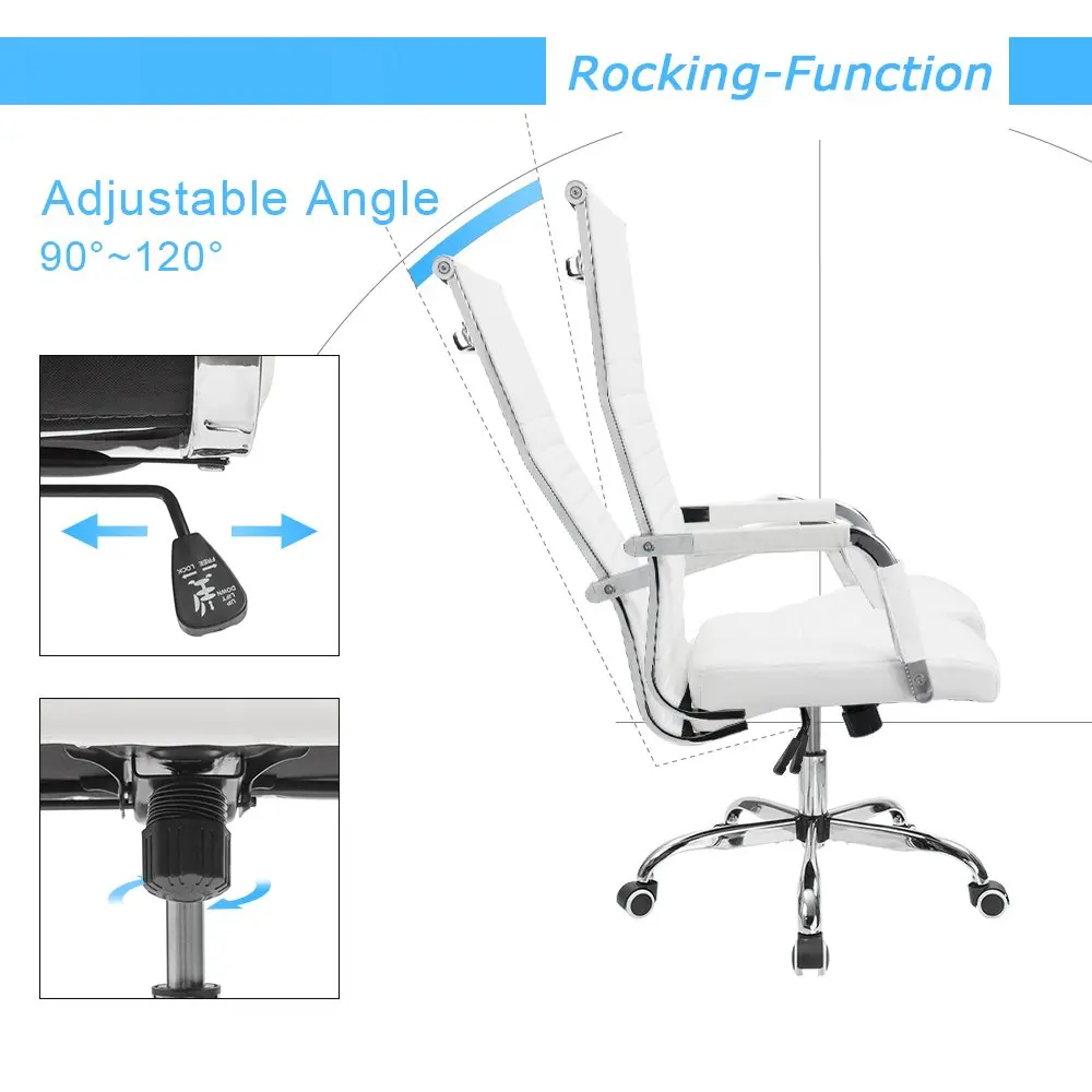 Ribbed Office Chair High Ba Pu Leather Executive Conference Chair Adjustable Swivel Chair With A (White)