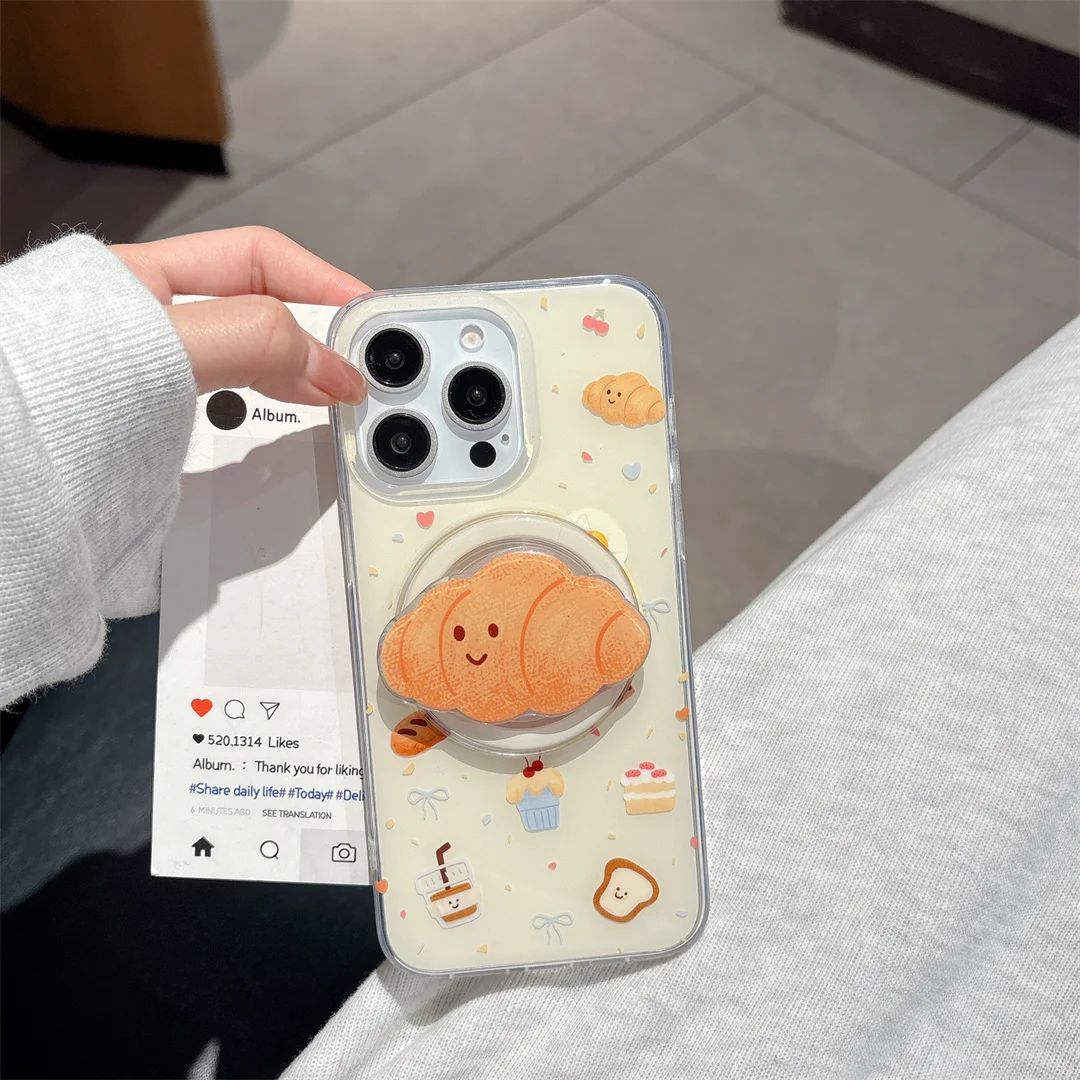 Ins Korean Cute Cake Croissant Magnetic Bracket Phone Case For iPhone 16 15 14 13 Pro Max 15 14 16 Pro Shockproof Back Cover