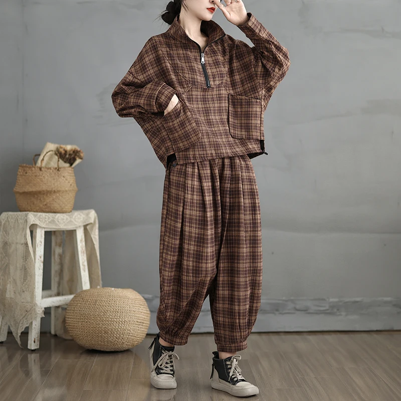 Conjunto Casual de Duas Peças em Aodão e Linho com Estampa Xadrez Retro, Manga Longa, Estilo Solto e Plus Size, Outono 2024