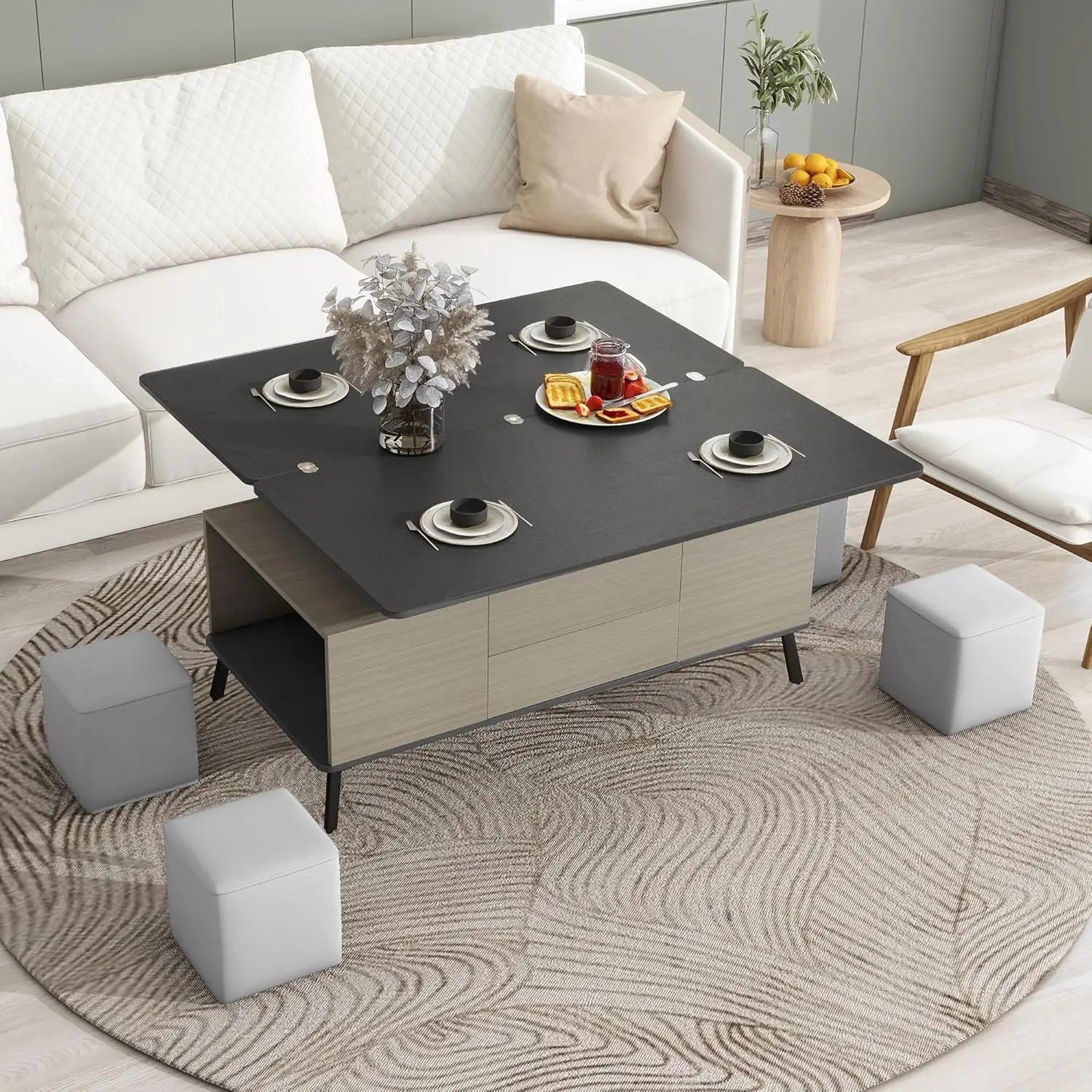 Conjunto de mesa de centro elevatória de 5 peças com mesa de jantar conversível de armazenamento com otomanos para sala de estar