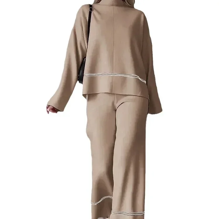 Pant Sets Women Two Piece Knit Full Sleeve Stand Collar Top Pullovers Midi Waist Long Pants Straight Casual Autumn Winter