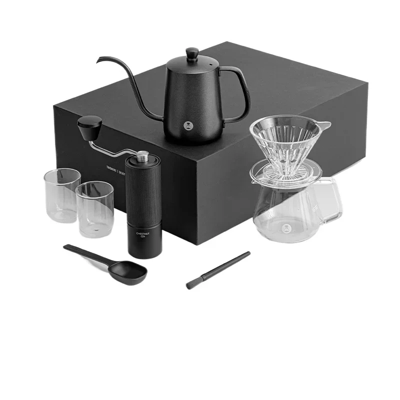 

*Hand brew coffee pot set, household drip coffee hand brew pot hand crank bean grinder set