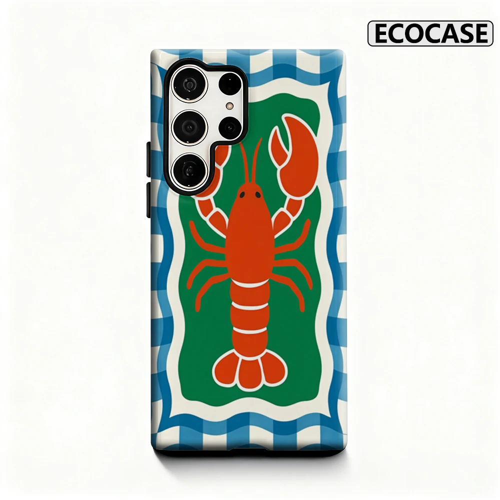 Gingham gerahmte Hummer-Handyhülle für Samsung Galaxy S25 Ultra S24 S23 Ultra Plus, glänzende doppellagige Rückseite