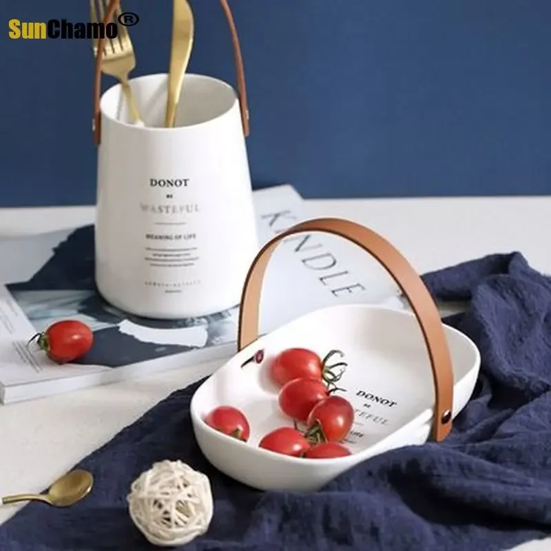 1Pcs Ceramic Tableware Storage Barrel Fruit Plate/disc Salad Bowl with Leather Handle Kitchen Decorative Tray Container