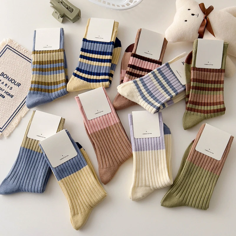 CHAOZHU Women Casual Socks Cotton Korean Color Patchwork Striped Stretch Rib Stretch Young Aesthetic Fashion Sox 2022