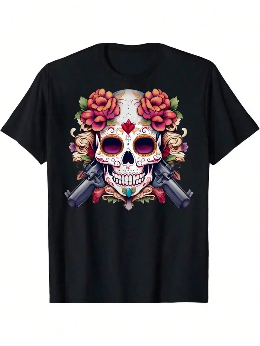 

2025 New Unisex Day of The Dead Sugar Skull T-Shirt -Halloween Costume Party Graphic Tee,Artistic Print for Dia De Los Muertos