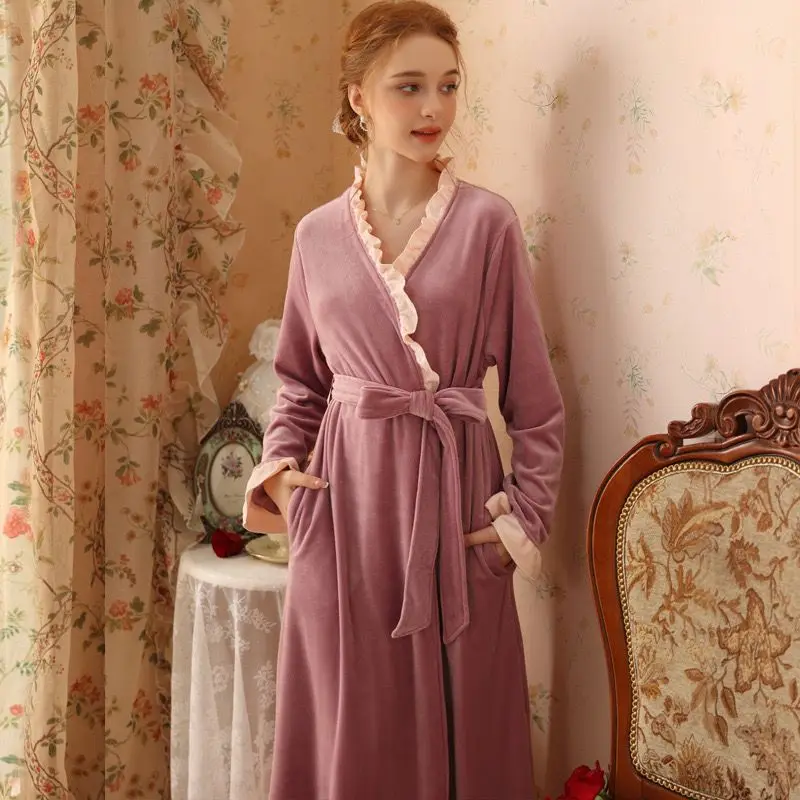 Overlong Ms. Buffing Coral Fleece Pajamas Flannel Long Style Bathrobe Loungewear Comfort Night Gown Female Autumn and Winter