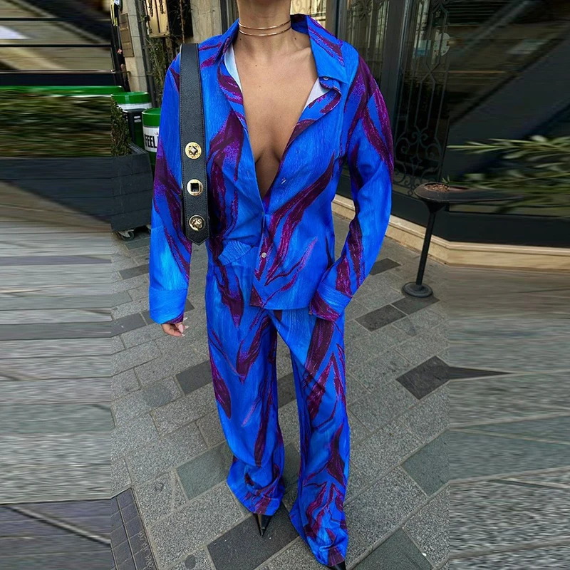 

Loose Blue Printed Suits Fashion Lapel Single Breasted Shirt Top + Wide Leg Pants 2-piece Sets Women Spring Long Sleeved Outfit