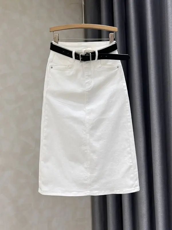

High Waist A-Line Straight Leg Denim Skirt White Women's Summer New Style Slimming Half-length Skirt with Back Split