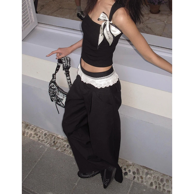 

PBAP женские плиссированные костюмные брюки с цветными блоками, модные прямые широкие брюки с оборками и кружевом, с низкой посадкой и карманами, летняя уличная одежда