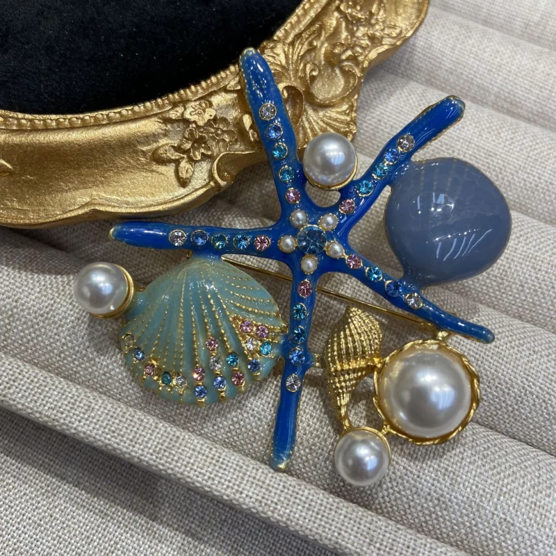 Korean Style Creative Dripping Enamel Starfish Shell Brooch Fashion Marine Life Pin Pearl Corsage Coat Accessories