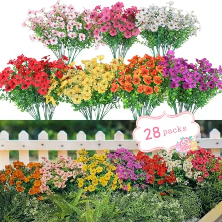 

28 Bundles Artificial Plants and Flowers Silk Fake Flowers UV Resistant Bushes Plastic Artificial Flowers Faux Outdoor Indoor P
