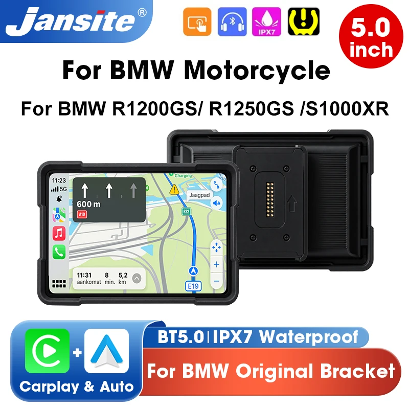 Jansite 5 Zoll Motorrad-GPS-Navigation für BMW R1200GS R1250GS F800 F900 S1000XR Kabelloses CarPlay Android Auto BT Moto Monitor