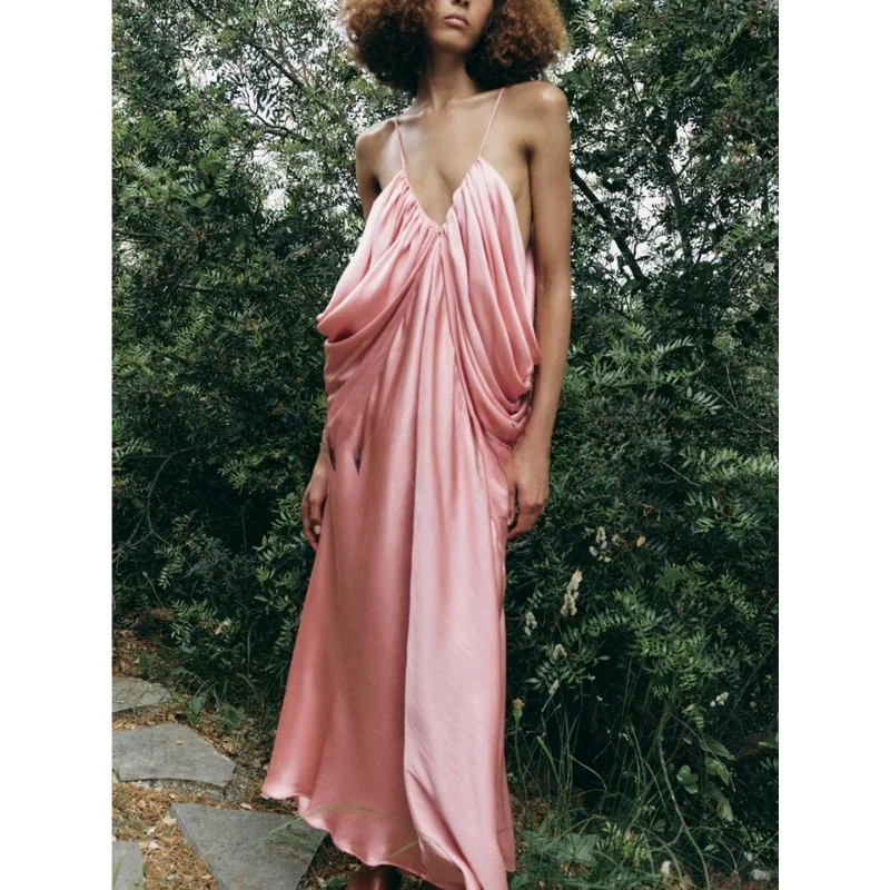فستان نسائي صيفي جديد طويل من الحرير الساتان بياقة على شكل V مع تزيينات مطوية وخصر مرتفع على شكل حرف A من ألياف البوليستر بدو...