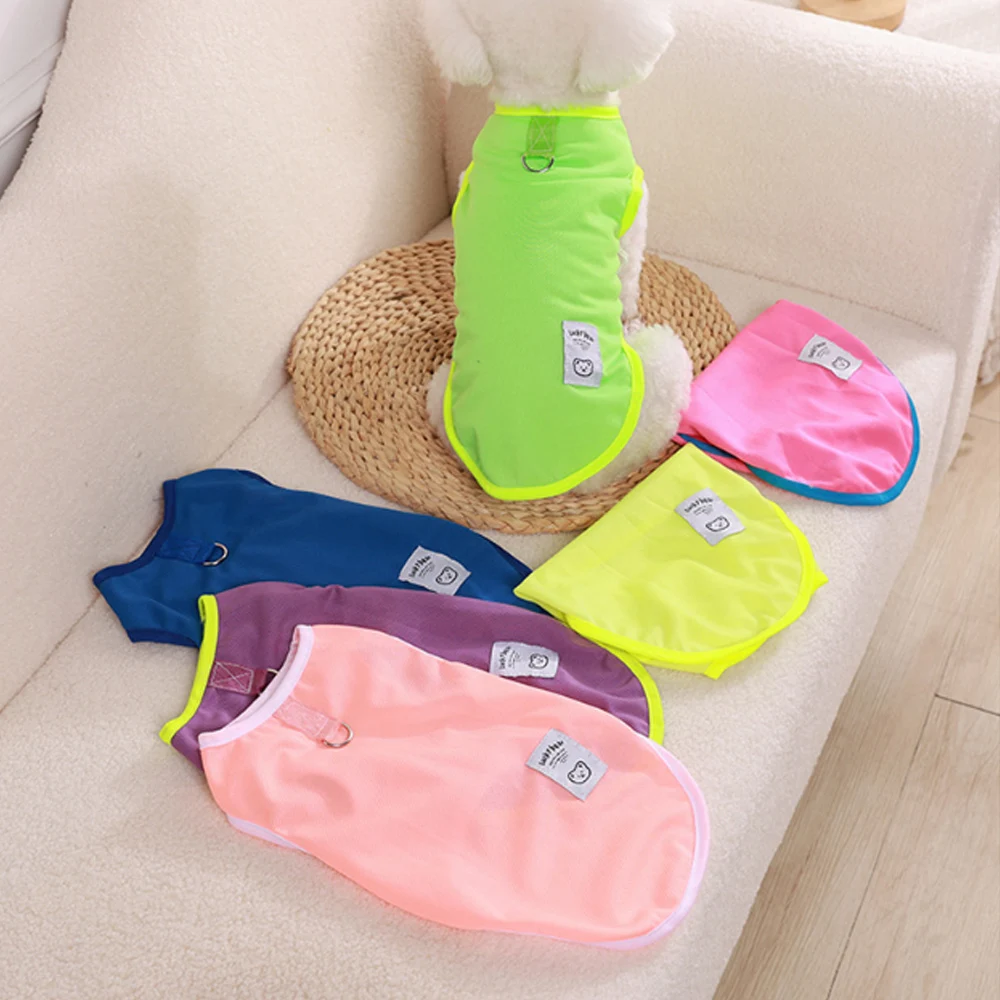 Summer Fluorescent Color Puppy T-Shirts With Traction Buckle Outdoor Pet Dog Clothes Mesh Thin Dogs Vest Cute Sweet XS-2XL