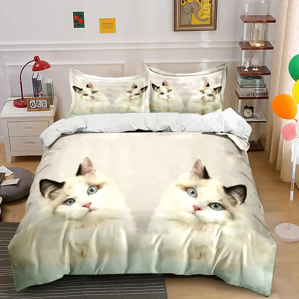 Kawaii Ragdoll Cat Bedding Set 3pcs,Couple Cute Pet Kitten Print Duvet Cover, Cozy Bed Linen for Bedroom,Guest Room Decor,Gift