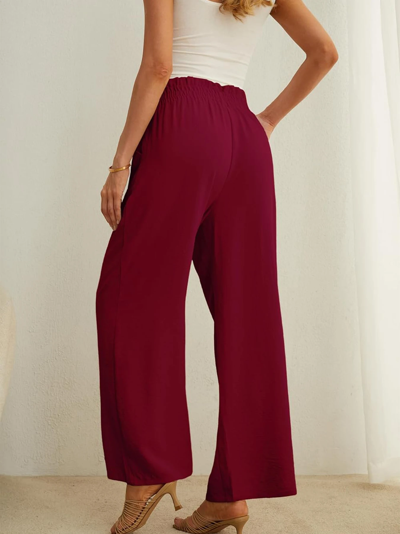 Damen-Freizeithose mit hoher Taille und weitem Bein, mit Taschen, verstellbarem Kordelzug, locker, schlank machend, bequem für den Urlaub – Detail 10