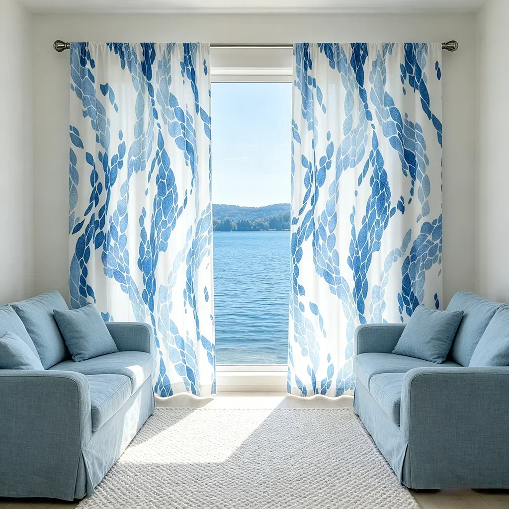 Blue Abstract Watercolor Print Curtains for Living Room Coastal Ocean View Light Filtering Home Decor